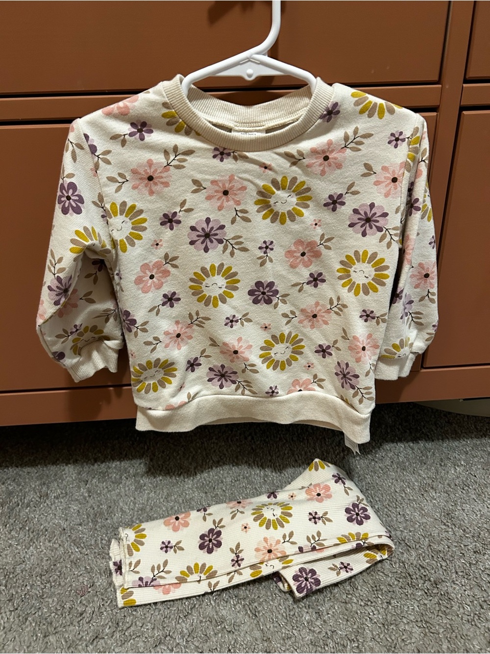 Kids Floral Long Sleeve Set - Cream with Pink & Purple Flowers